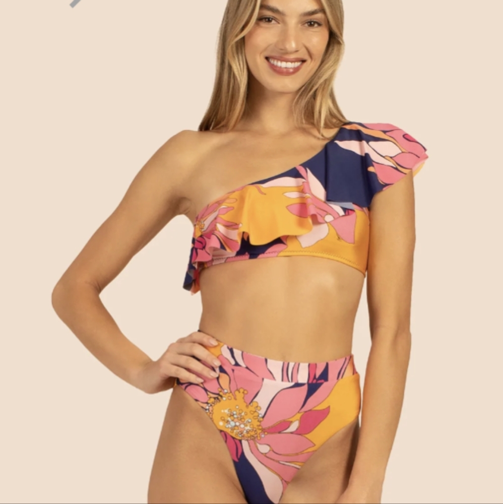 Trina Turk one shoulder Pink and Orange Floral Bikini top